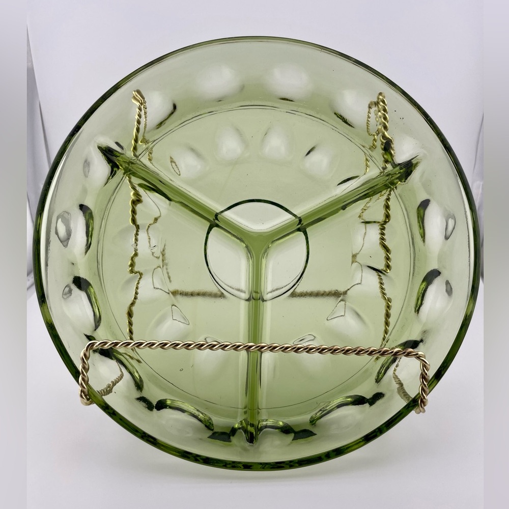 Vintage, Green, Relish Dish, Thumbprint Kings Crown Design by Indiana Glass
